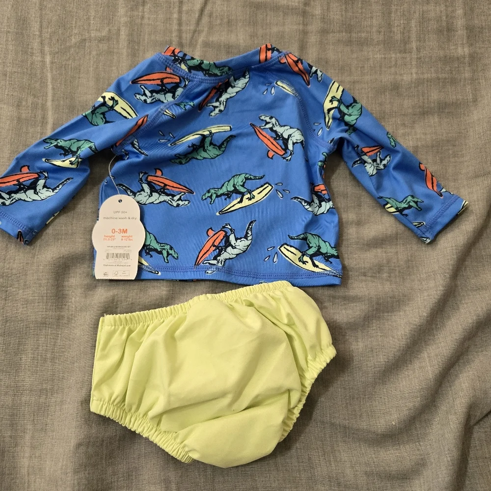 Wonder Nation Baby Boy 2 Pc Dino Swimsuit Top Diaper Cover 0-3months Long Sleeve